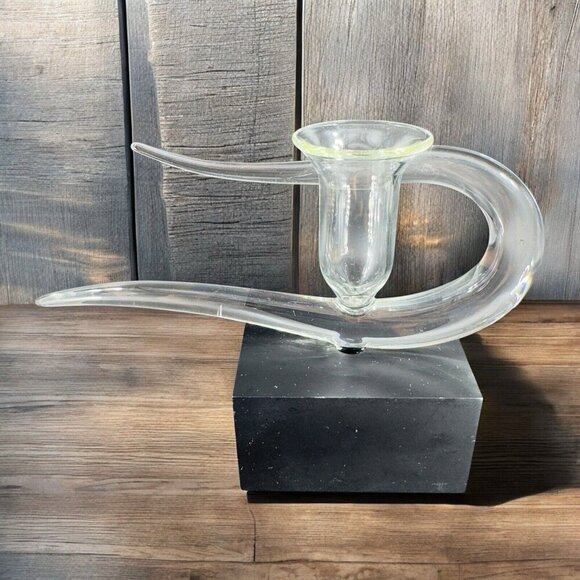 Vintage 1987 Candle Stick Holder Artist Signed Whitl I Clear Glass On Wood Base - Picture 2 of 12